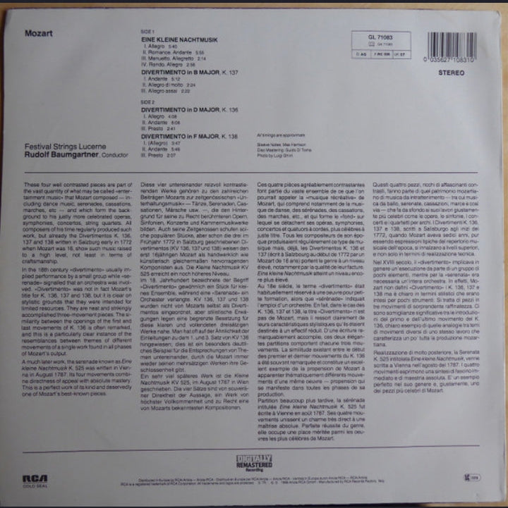 Wolfgang Amadeus Mozart - Eine Kleine Nachtmusik (Edición Original Italia, RCA Gold Seal, 1986)