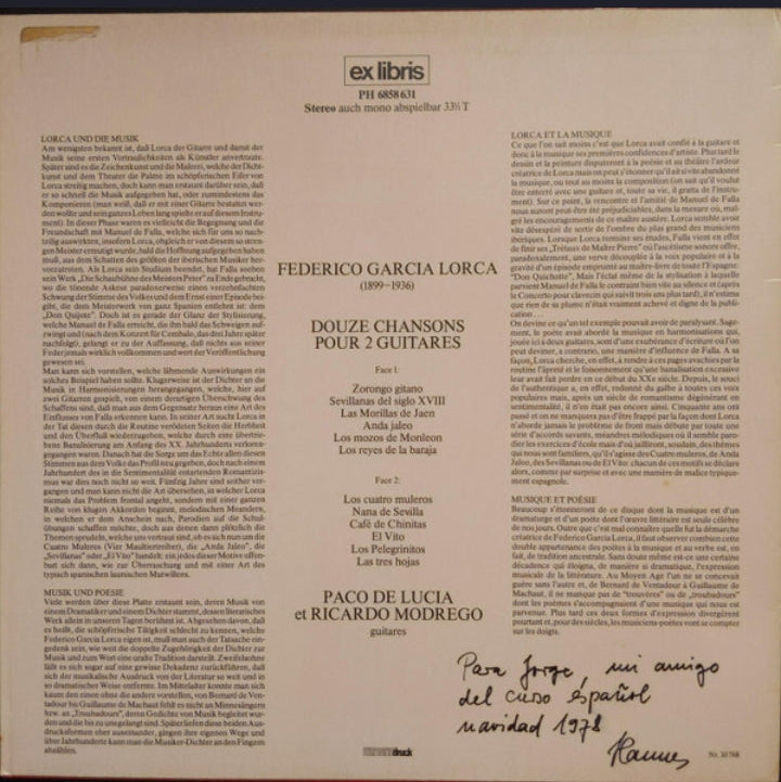 Federico García Lorca / Paco De Lucía & Ricardo Modrego - Douze Chansons Pour 2 Guitares (Edición Suiza, Colección Ex Libris)