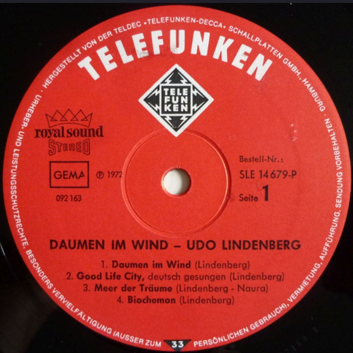 Udo Lindenberg - Daumen Im Wind (Edición Original Alemania, Telefunken, 1972)