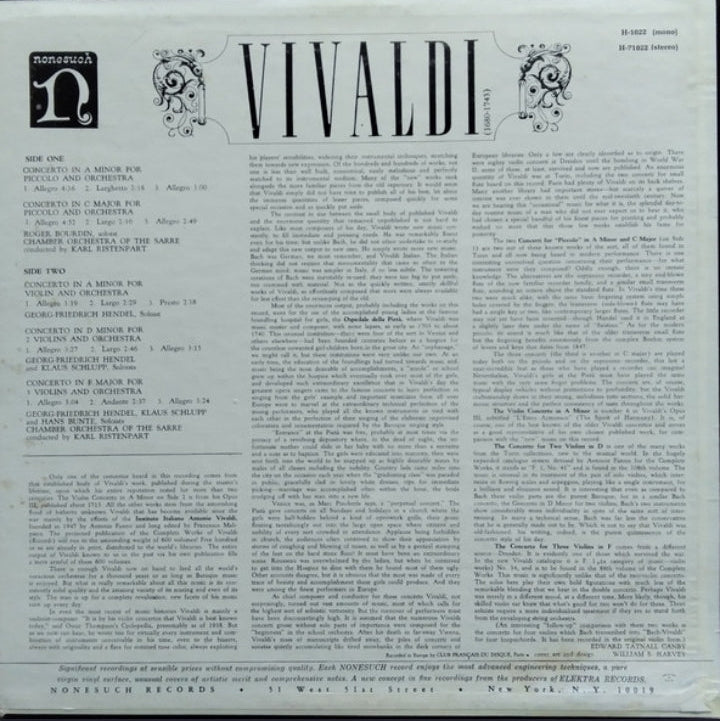 Antonio Vivaldi - Concertos For Violins, Concertos For Piccolo (Edición Original US, Nonesuch, 1964)