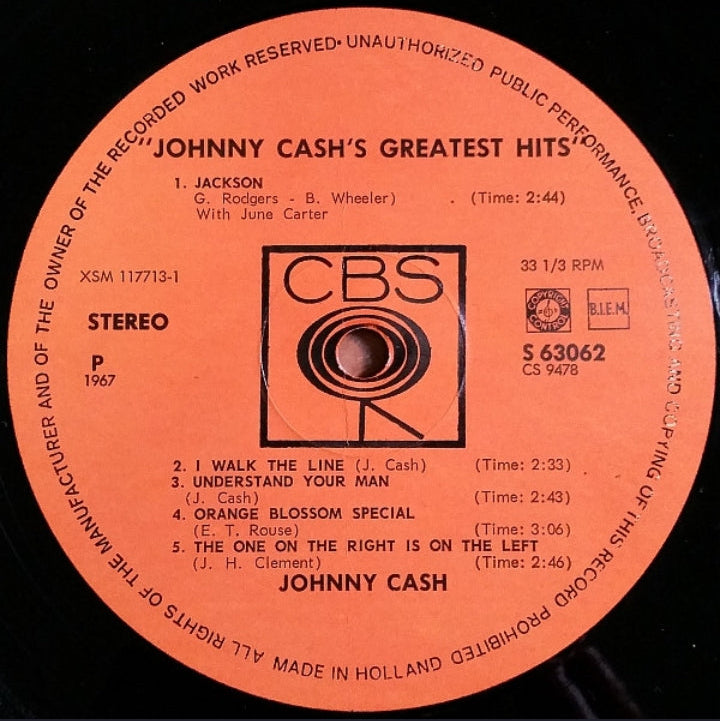 Johnny Cash - Johnny Cash's Greatest Hits Volume 1 (Edición Original Holanda, CBS, 1967)