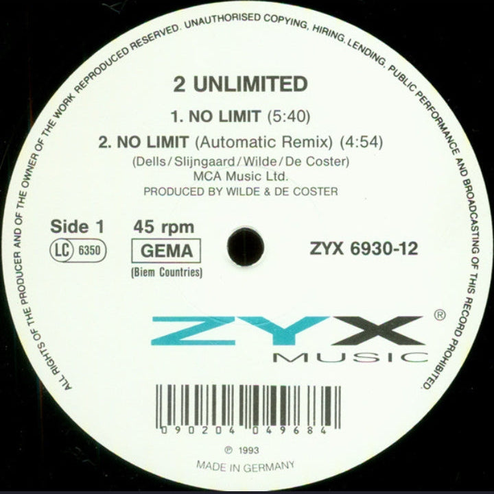 2 Unlimited - No Limit (Edición Original Alemania, ZYX Music, 1993)