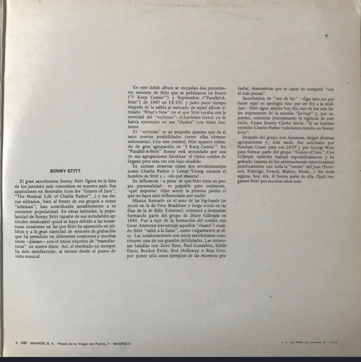 Sonny Stitt - I Keep Comin' Back! / Parallel-A-Stitt (Edición Doble LP España, 1981)