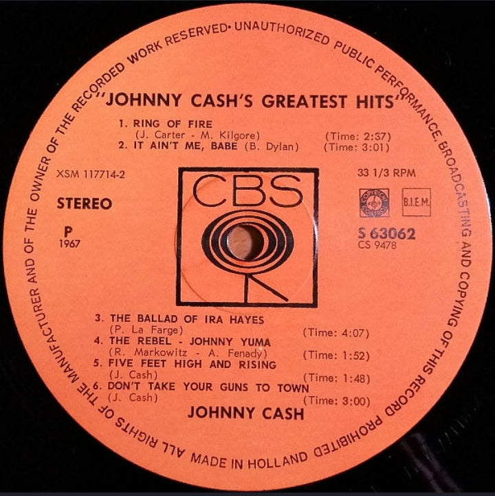 Johnny Cash - Johnny Cash's Greatest Hits Volume 1 (Edición Original Holanda, CBS, 1967)