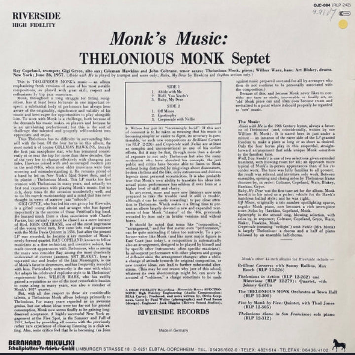 THELONIOUS MONK - MONK'S MUSIC