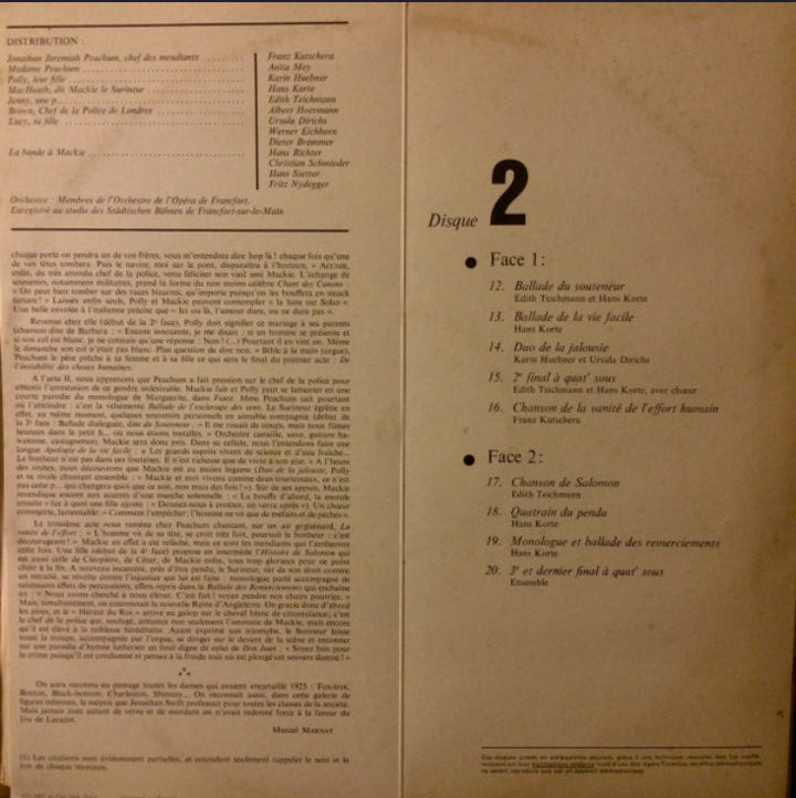 Kurt Weill - L'Opera De Quat' Sous (Livret De Bertolt Brecht) (Edición Clásica Francesa, Philips, Doble LP)