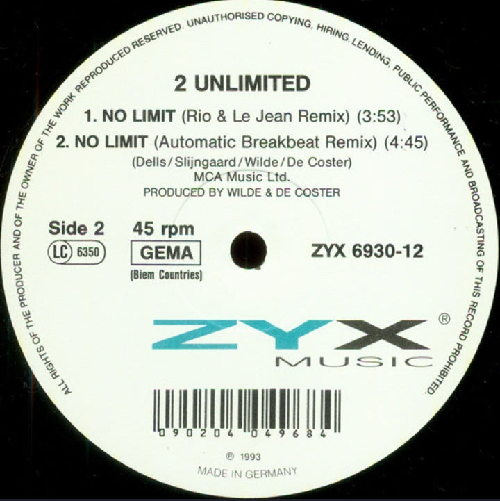 2 Unlimited - No Limit (Edición Original Alemania, ZYX Music, 1993)