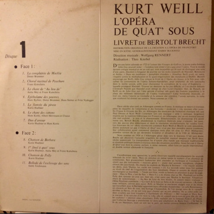 Kurt Weill - L'Opera De Quat' Sous (Livret De Bertolt Brecht) (Edición Clásica Francesa, Philips, Doble LP)