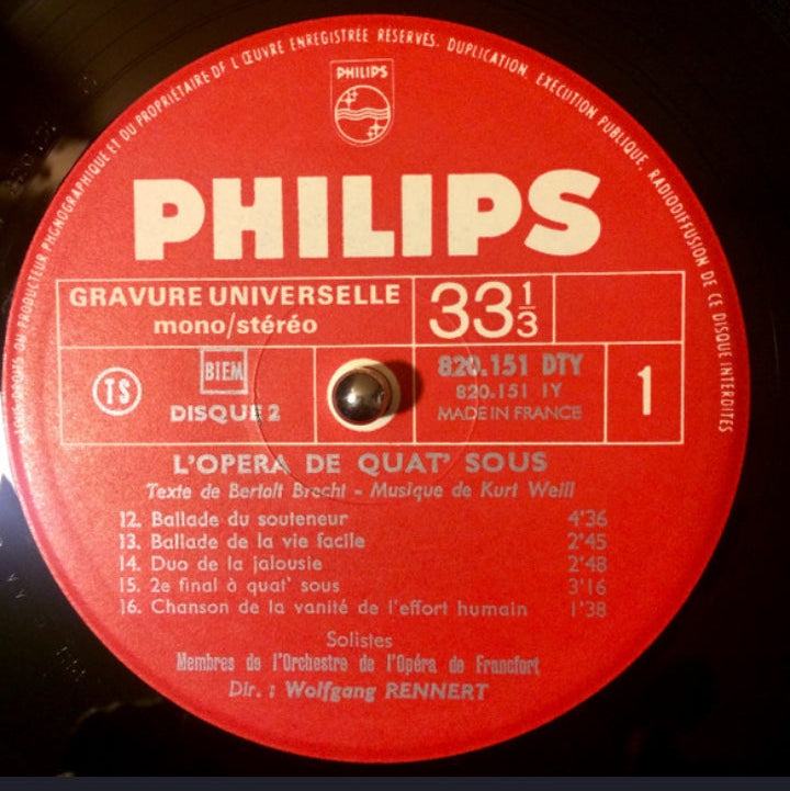 Kurt Weill - L'Opera De Quat' Sous (Livret De Bertolt Brecht) (Edición Clásica Francesa, Philips, Doble LP)