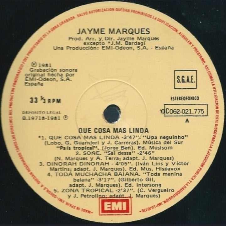 Jayme Marques - Que Cosa Mas Linda (Edición Original España, EMI-Odeón, 1981)