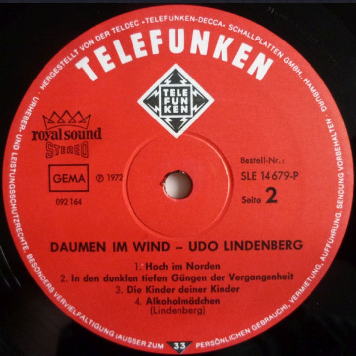 Udo Lindenberg - Daumen Im Wind (Edición Original Alemania, Telefunken, 1972)