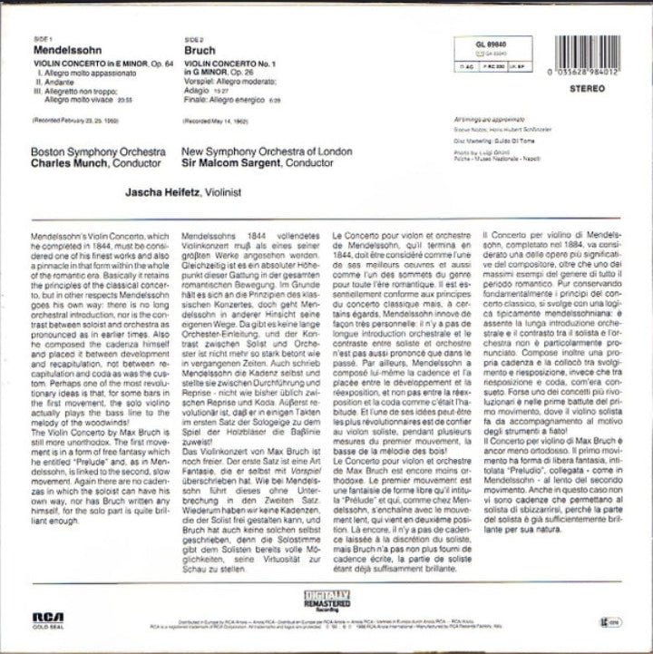 Jascha Heifetz - Mendelssohn / Bruch: Violin Concertos (Edición Italia, RCA Gold Seal, 1986)