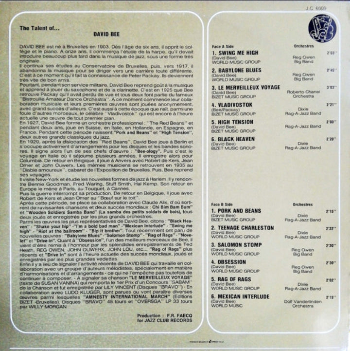 David Bee - The Talent of David Bee (Edición Original Bélgica, Jazz Club, 1981)