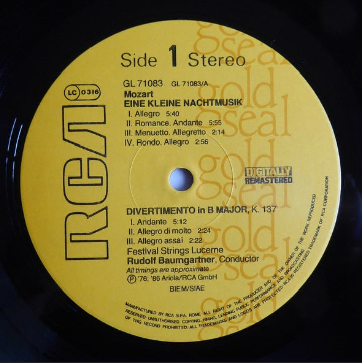 Wolfgang Amadeus Mozart - Eine Kleine Nachtmusik (Edición Original Italia, RCA Gold Seal, 1986)