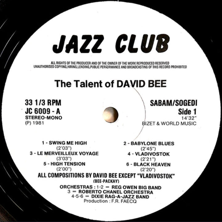 David Bee - The Talent of David Bee (Edición Original Bélgica, Jazz Club, 1981)